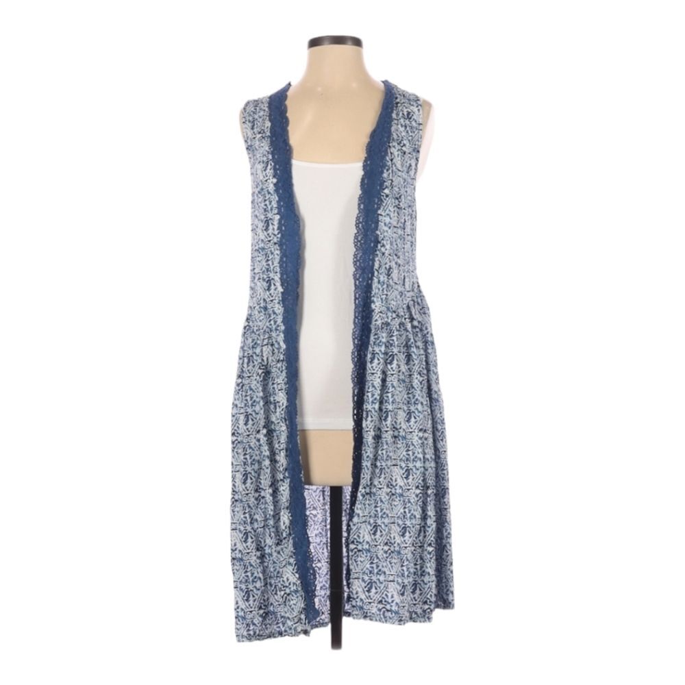 Anthro JAASE Sleeveless Cardigan‎ Size XS Blue Longer Length Crochet Open Front